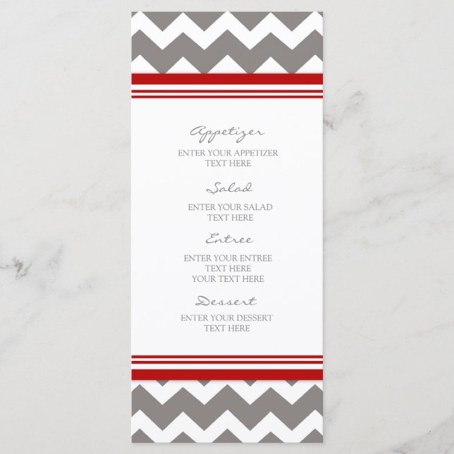 Wedding Menu Red Grey Chevron (Front)