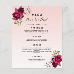 Wedding Menu rose gold burgundy flowers