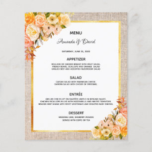 Wedding Menu rustic burlap gold florals