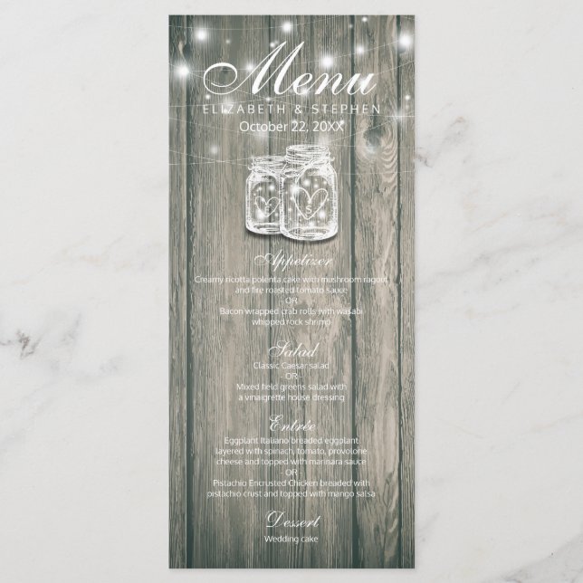Wedding Menu Rustic Wood & Mason Jar String Light (Front)