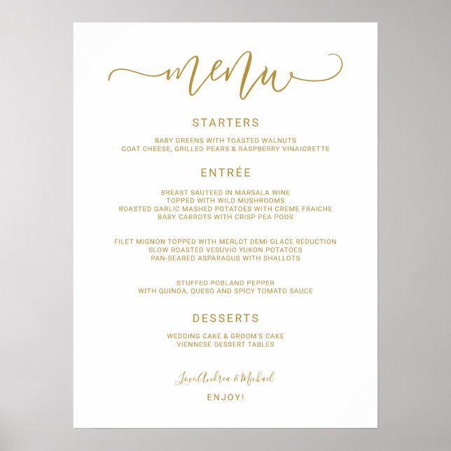 Wedding Menu Sign - Bouncy Calligraphy (Gold) (Front)