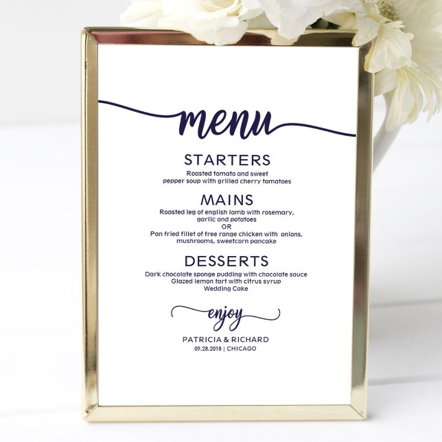 Wedding Menu Sign Chic Navy Blue Calligraphy (Creator Uploaded)