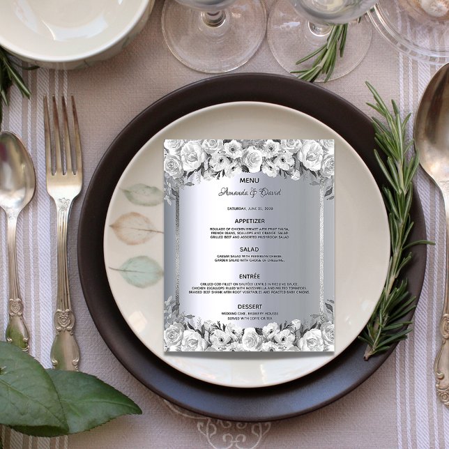 Wedding Menu silver metallic white roses budget (Creator Uploaded)