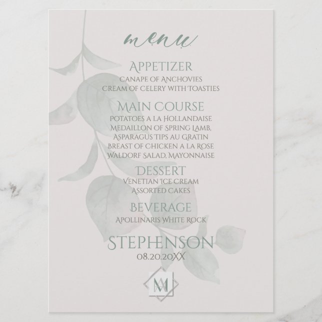 Wedding Menu |  Silver Sage  Eucalyptus Monogram (Front)