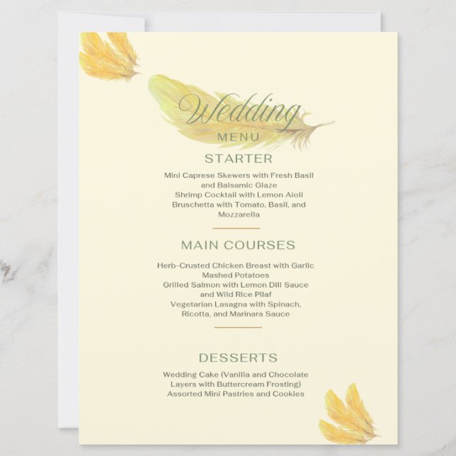 Wedding Menu - Soft Beige with Golden Feather Desi (Front)