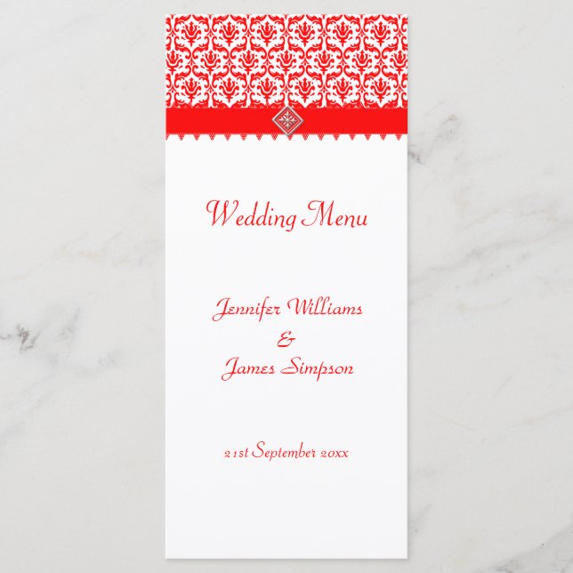 Wedding Menu Template Red and White Damask (Front)
