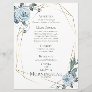 Wedding Menu Watercolor Dusty Blue Floral