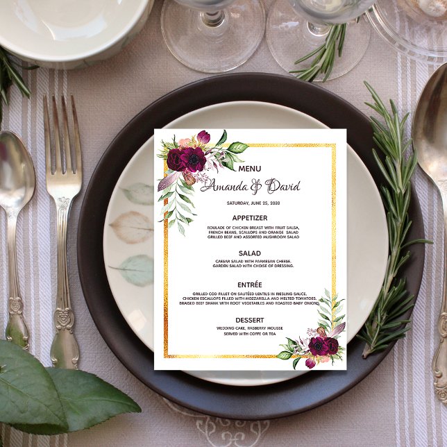 Wedding Menu watercolored florals white burgundy (Creator Uploaded)