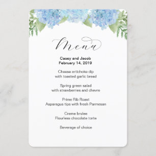 Wedding Menu with blue floral hydrangeas