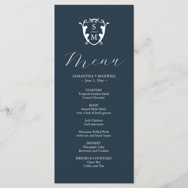 Wedding Menus Simple Monogram Crest Blue (Front)
