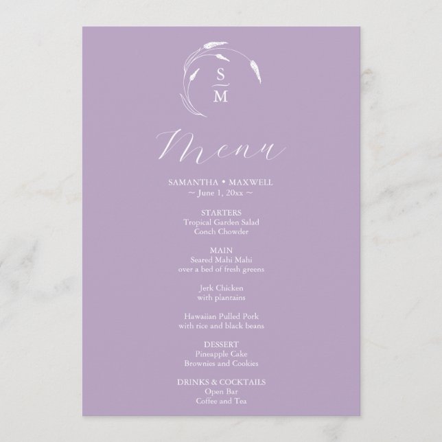 Wedding Menus Simple Monogram Lavender (Front)