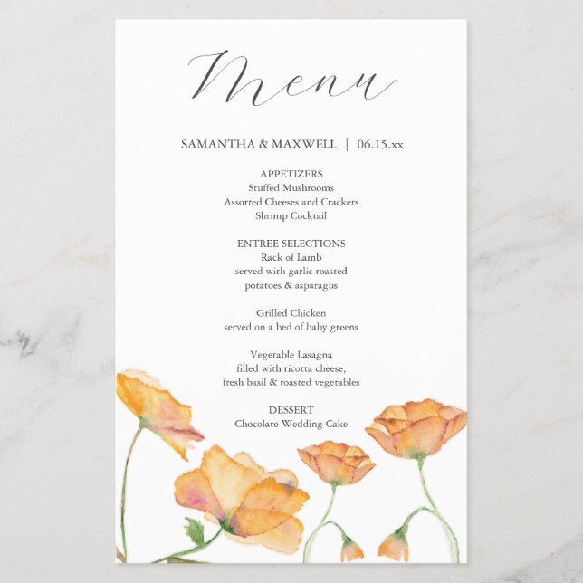 Wedding Menus Watercolor Orange Flowers Flyer (Front)