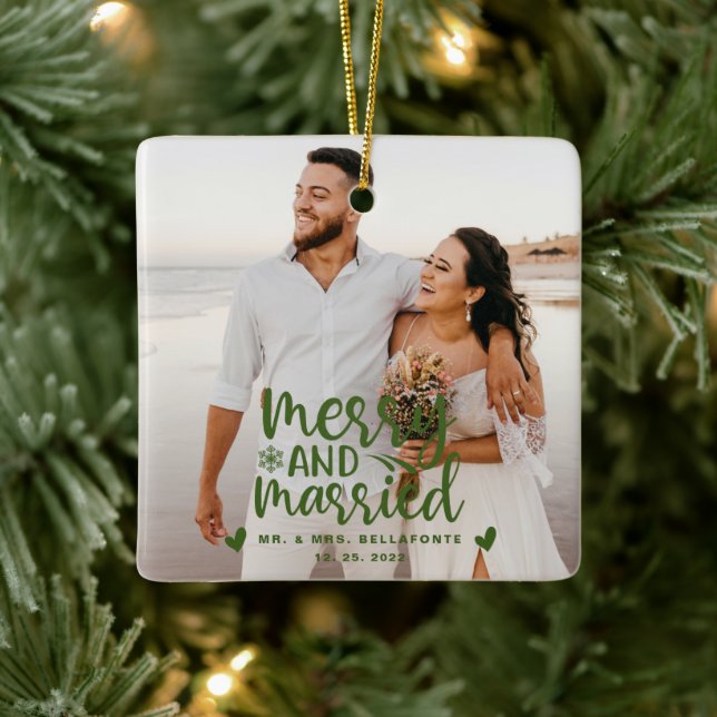Wedding Merry and Married Christmas Photo Ceramic  Ceramic Ornament (Tree)