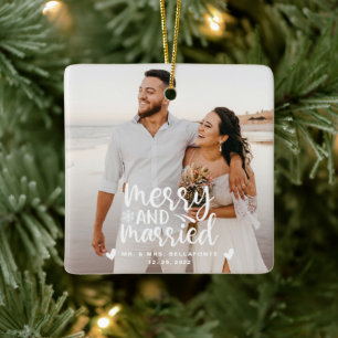 Wedding Merry and Married Christmas Photo Ceramic  Ornament