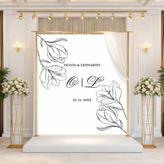 Wedding Minimal Black And White Floral Backdrop Tapestry (Creator Uploaded)