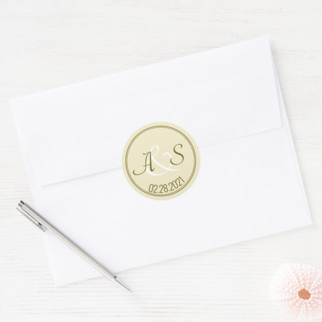 Wedding Minimalist Classic Initials and Date Green Round Sticker (Envelope)