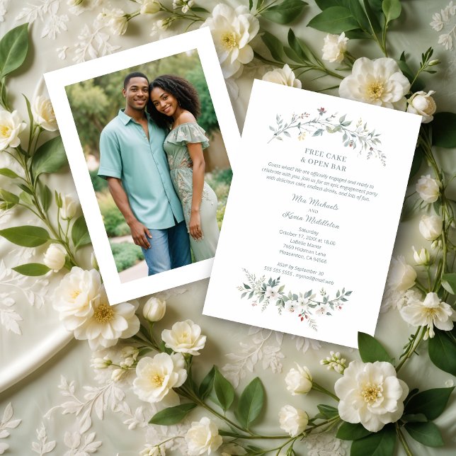 Wedding Minimalist Green Flowers & Branches Photo Invitation (Wedding Minimalist Green Shades Flowers & Branches Photo Engagement Party Invitations Cards.)