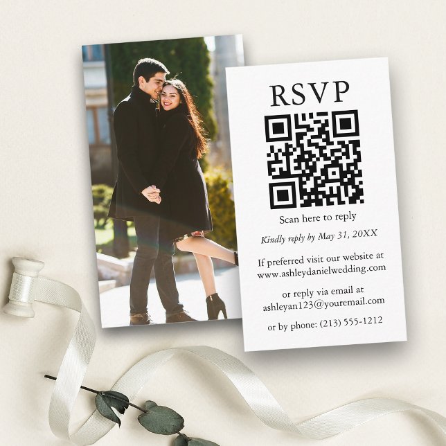 Wedding Minimalist Simple Photo QR RSVP Enclosure Card (Customize to change text size or text style.)