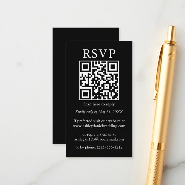 Wedding Minimalist Simple QR Black RSVP Enclosure Card (Front/Back In Situ)