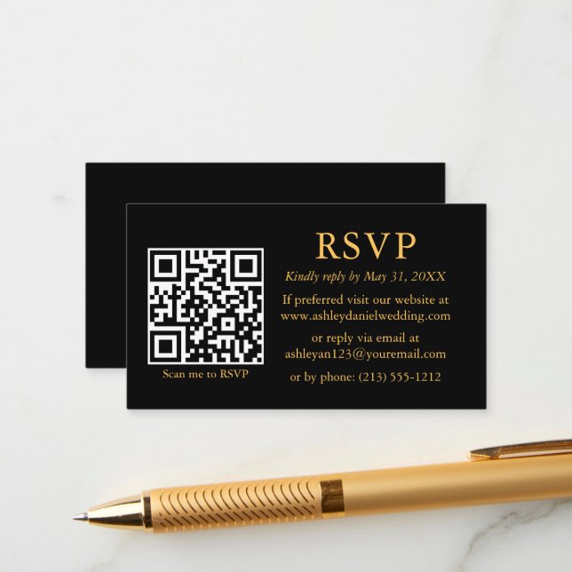 Wedding Minimalist Simple QR Black RSVP Gold Enclosure Card (Front/Back In Situ)
