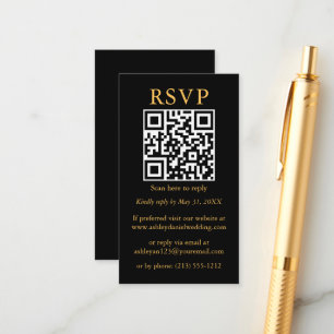 Wedding Minimalist Simple QR Black RSVP Gold Enclosure Card