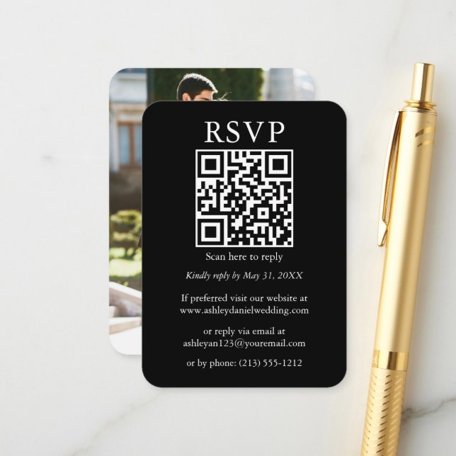 Wedding Minimalist Simple QR Photo Black RSVP Enclosure Card (Front/Back In Situ)