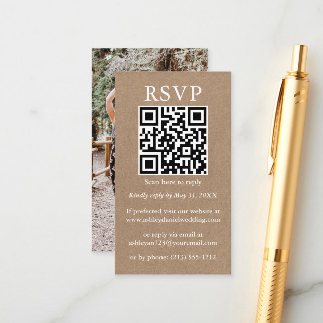 Wedding Minimalist Simple QR Photo Kraft RSVP Enclosure Card (Front/Back In Situ)