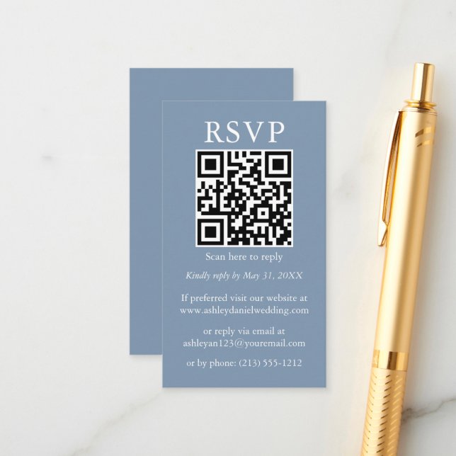 Wedding Minimalist Simple QR RSVP Dusty Blue Enclosure Card (Front/Back In Situ)