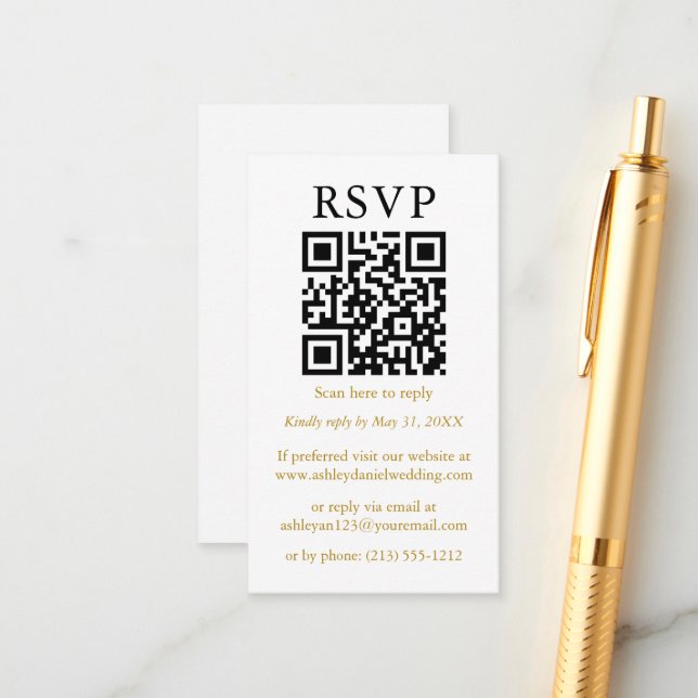 Wedding Minimalist Simple QR RSVP Gold Enclosure Card (Front/Back In Situ)