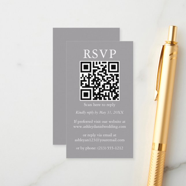 Wedding Minimalist Simple QR RSVP Grey Enclosure Card (Front/Back In Situ)