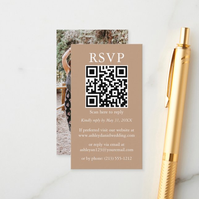 Wedding Minimalist Simple QR RSVP Photo Taupe Enclosure Card (Front/Back In Situ)