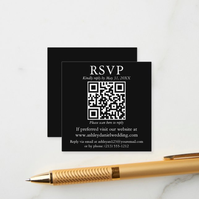 Wedding Minimalist Simple Square QR Black RSVP Enclosure Card (Front/Back In Situ)