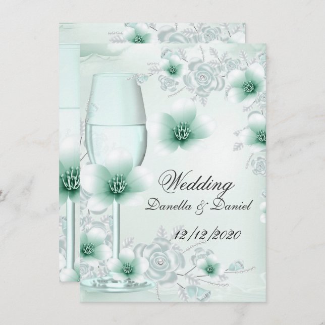 Wedding Mint Green Floral Blossoms Roses Invitation (Front/Back)