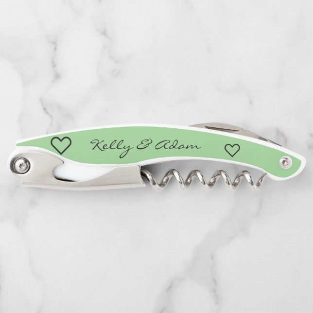 Wedding Mint Green Newlywed Hearts Personalized Corkscrew (Front)