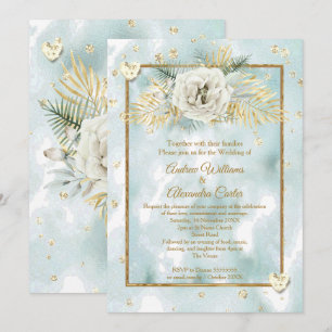 Wedding Mint Teal Gold marble Rose Floral Invitation