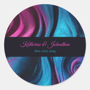 Wedding-Modern Abstract Blue and Pink- Classic Round Sticker