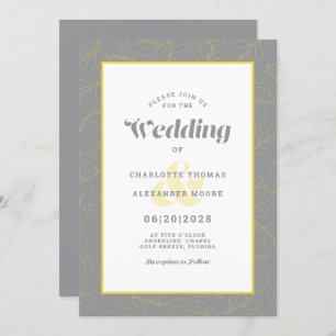 Wedding Modern Abstract Leaves Pattern Grey Yellow Invitation