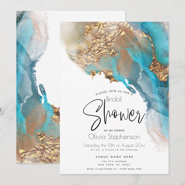 Wedding | Modern Abstract Teal Marbled Alcohol Ink Invitation (Front/Back)