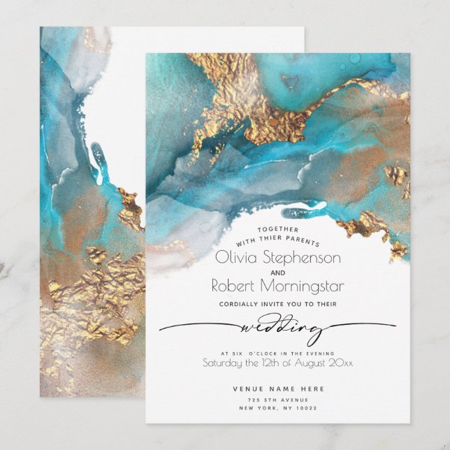 WEDDING  | Modern Aqua and Gold Marbled Ink Invitation (Front/Back)