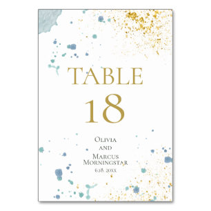 WEDDING    Modern Blue and Gold Paint Splatters Table Number