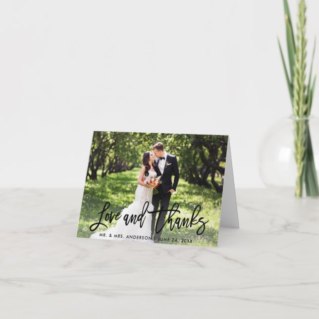 Wedding Modern Brush Script Love and Thanks Note Card (Front)