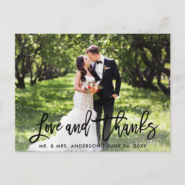 Wedding Modern Brush Script Love and Thanks Postcard (Front)