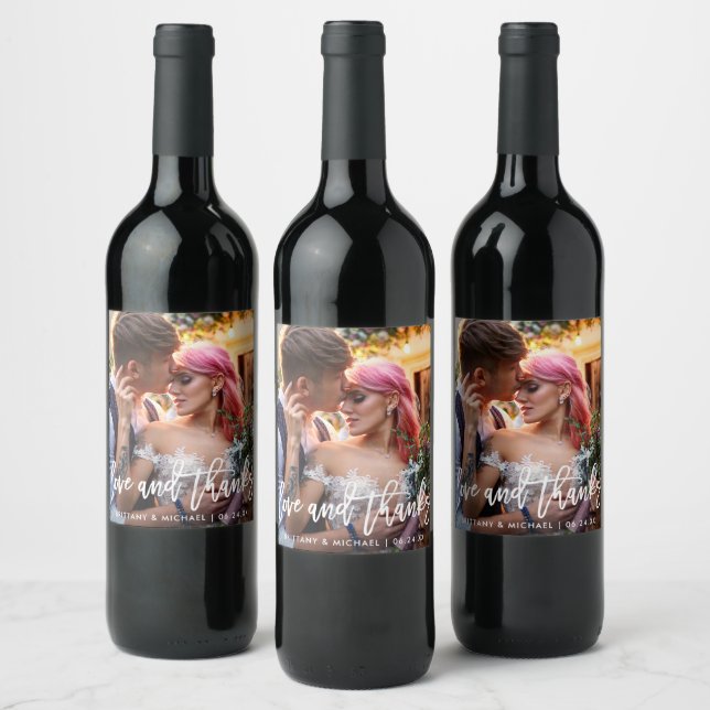 Wedding Modern Brush Script Love Thanks Photo Wine Label (Bottles)