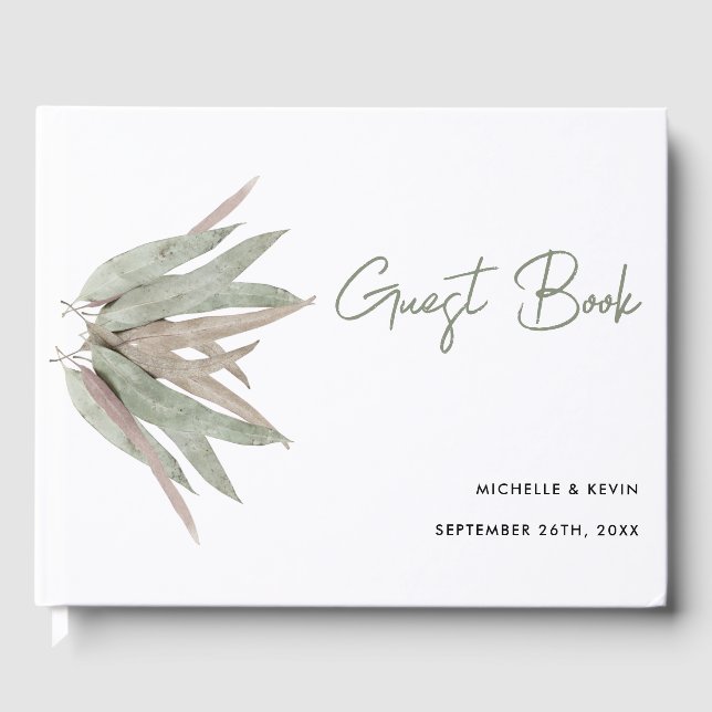 Wedding Modern Minimal Script Eucalyptus Guest Book (Front)