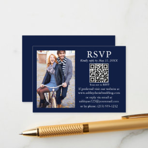 Wedding Modern Minimalist Photo Blue QR RSVP Enclosure Card