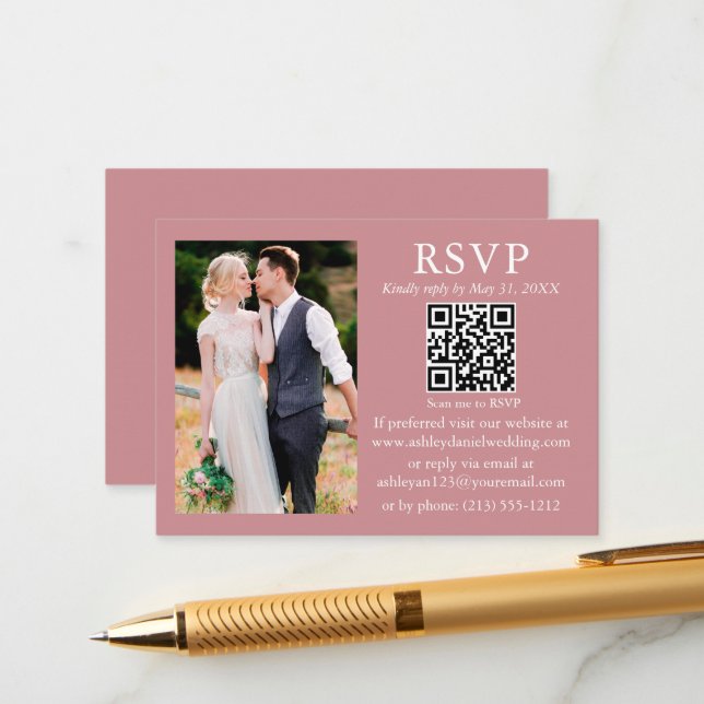 Wedding Modern Minimalist Photo Dusty Rose QR RSVP Enclosure Card (Front/Back In Situ)