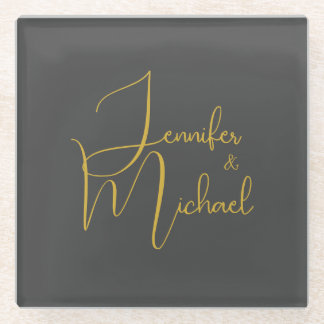Wedding Modern Minimalist Plain Calligraphy Name Glass Coaster