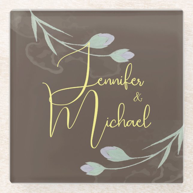 Wedding Modern Minimalist Plain Calligraphy Name Glass Coaster (Front)