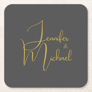 Wedding Modern Minimalist Plain Calligraphy Name Square Paper Coaster