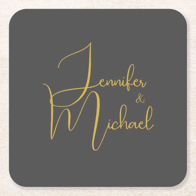 Wedding Modern Minimalist Plain Calligraphy Name Square Paper Coaster (Front)